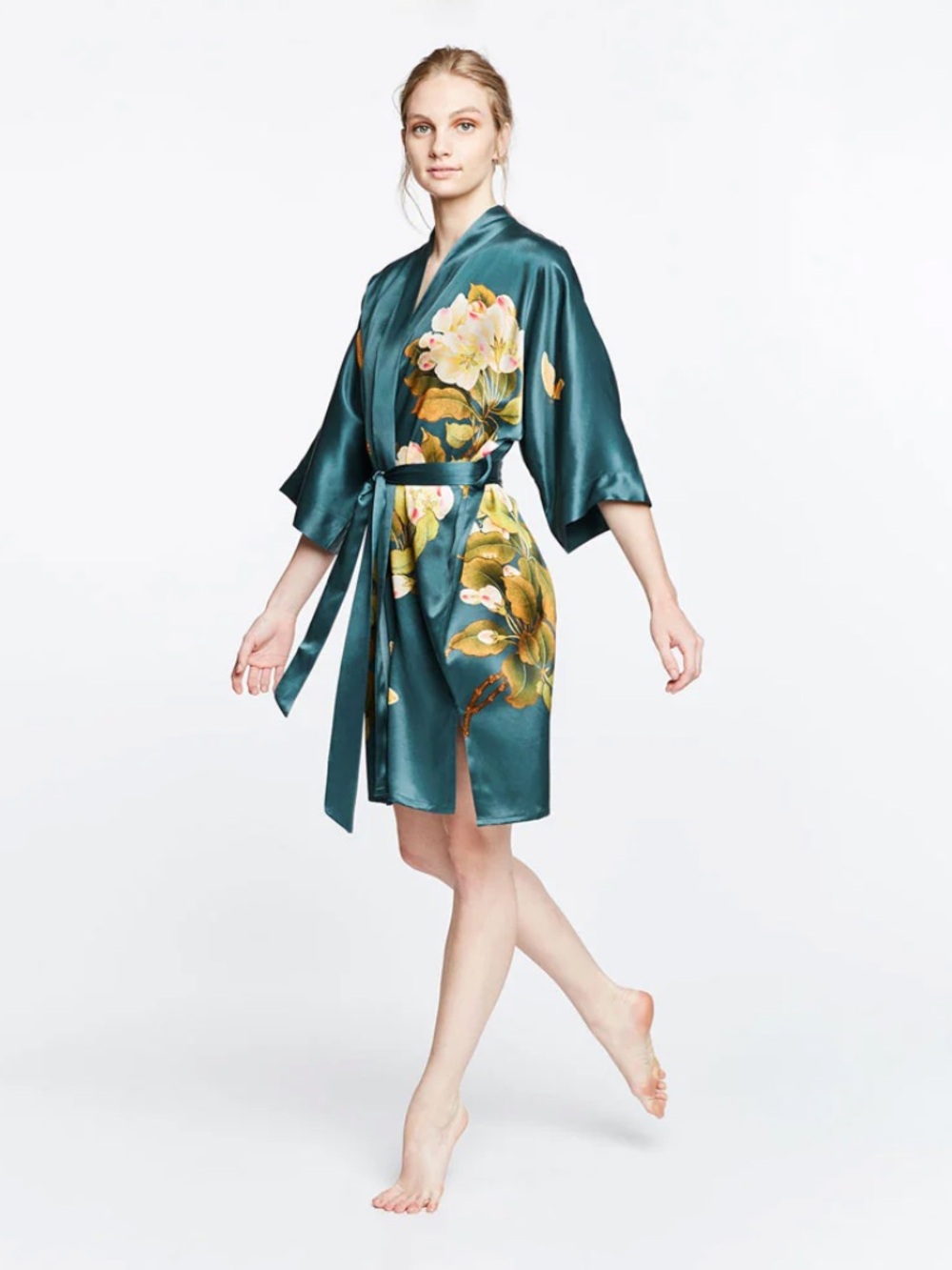 Kim + Ono Silk Peony & Butterfly Short Kimono Robe in Vintage Teal